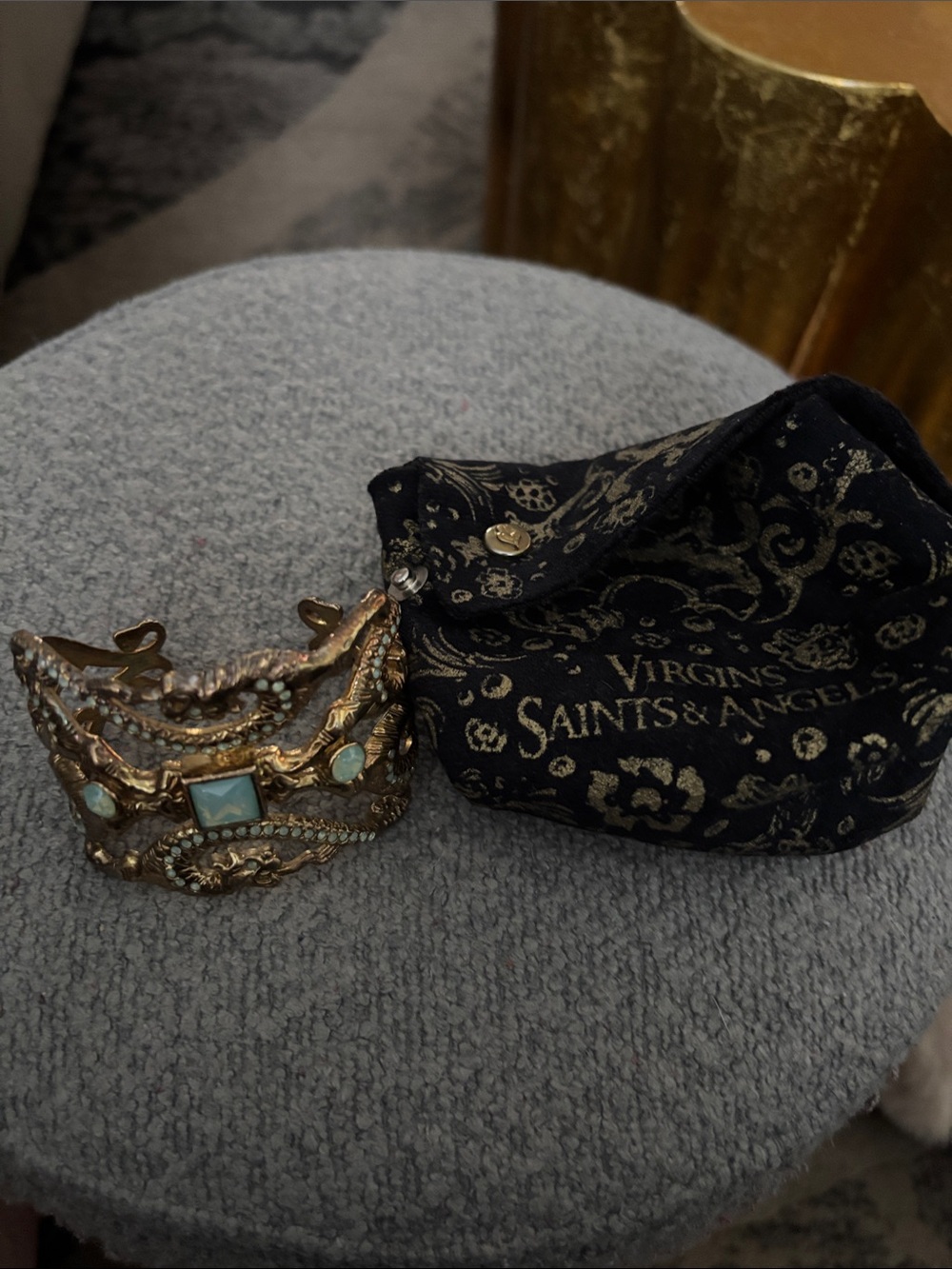 Virgins Saints & Angels Gold Cuff Bracelet with Turquoise Stones